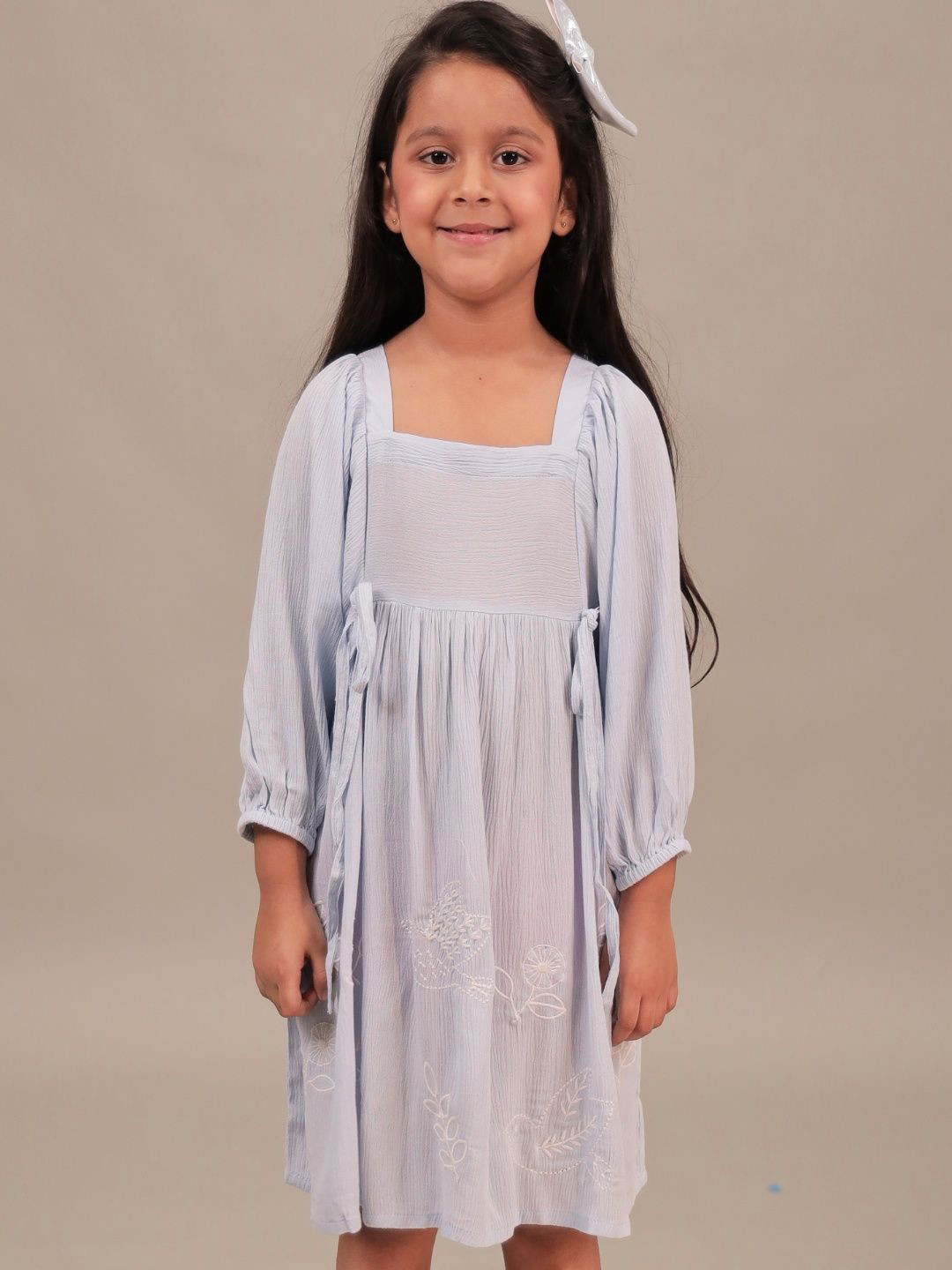 Grit N Groove Girls Embroidered Square Neck Puff Sleeves Pleated Detail A-Line Dress