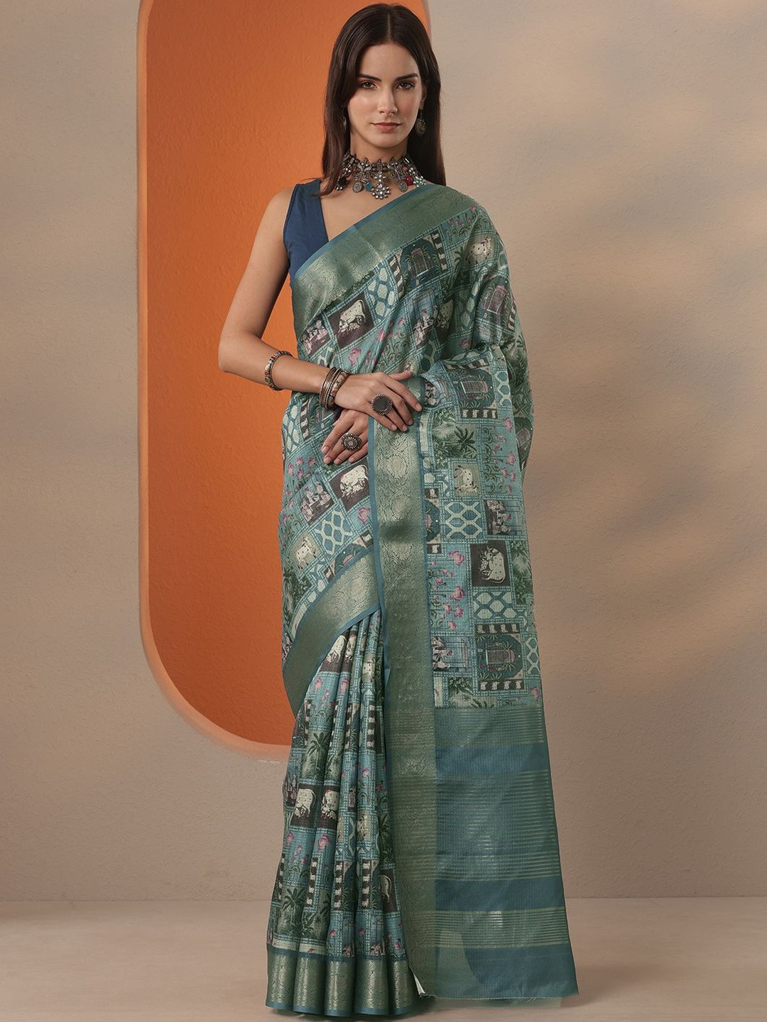 Libas Floral Printed Zari Saree With Woven Design Border with Unstitched Blouse