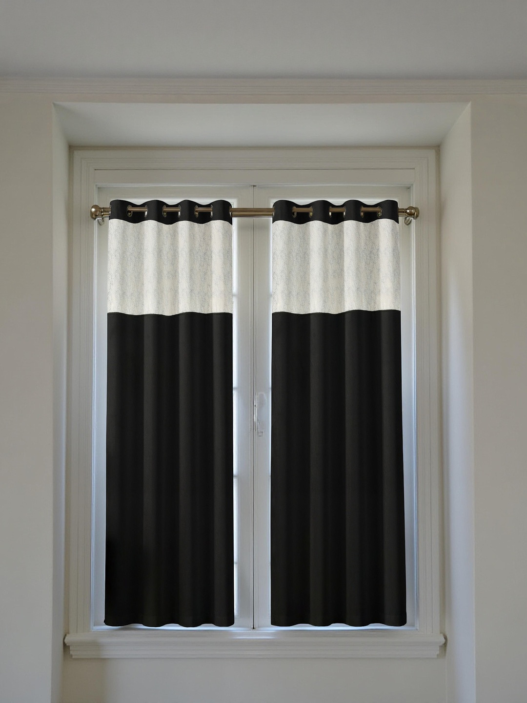 Aura Black Silk 2 Pieces Window Black Out Eyelet Curtains