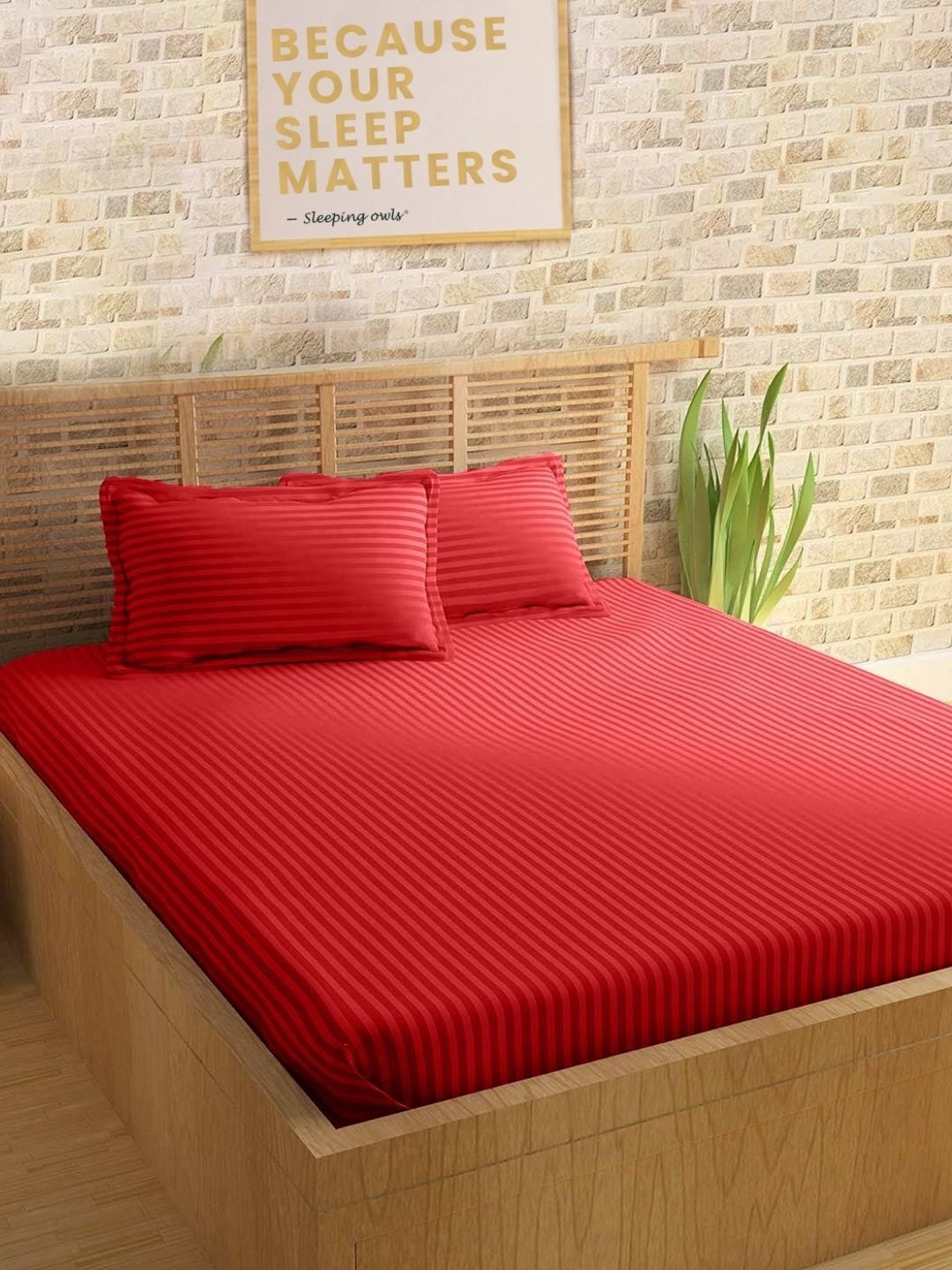 Sleeping Owls Red Striped 210 TC King Bedsheet with 2 Pillow Covers 274 cm X 274 cm