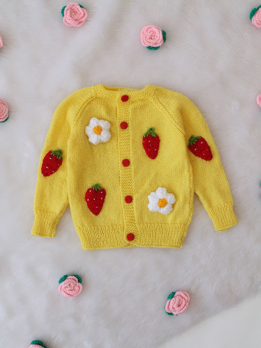 Woonie Kids Floral Straberry Acrylic Cardigan Sweater