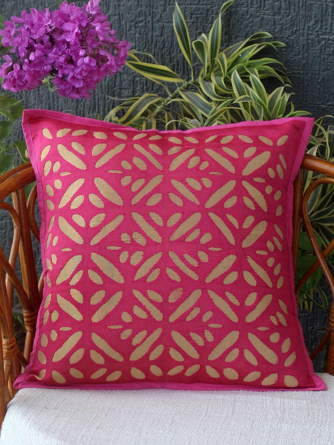 Weaves of Tradition Self Design Square Chanderi Silk Applique Cushion Cover