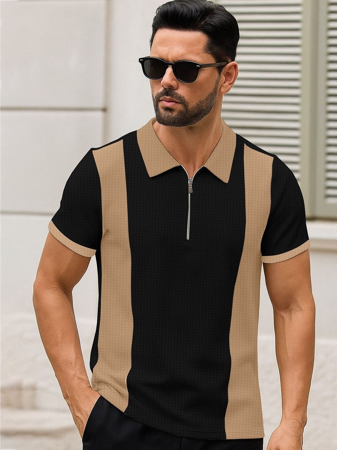 PTVIZE Men Colourblocked Polo Collar T-shirt