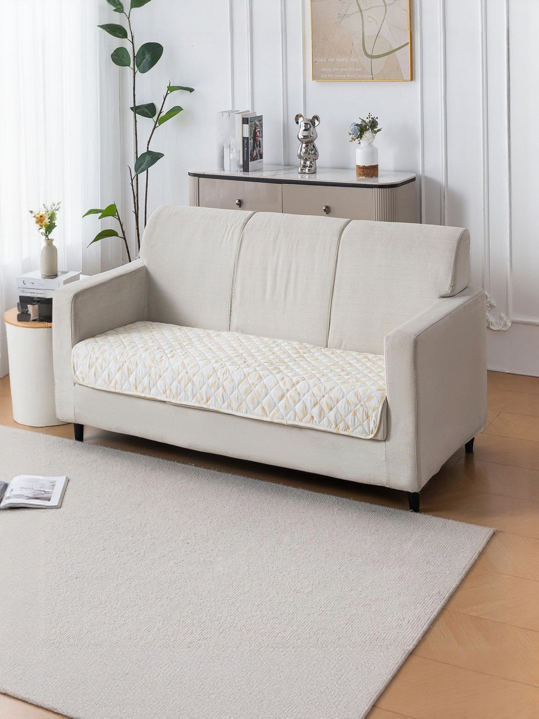 HOUSE OF QUIRK  Off White & Beige Printed Cotton Sofa Mat 80x150 CM