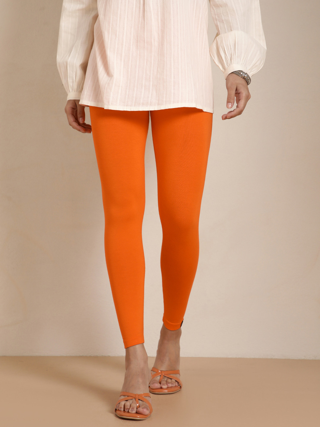 Twin Birds Women Viscose Blend Solid Fiery Orange Ankle Length Legging