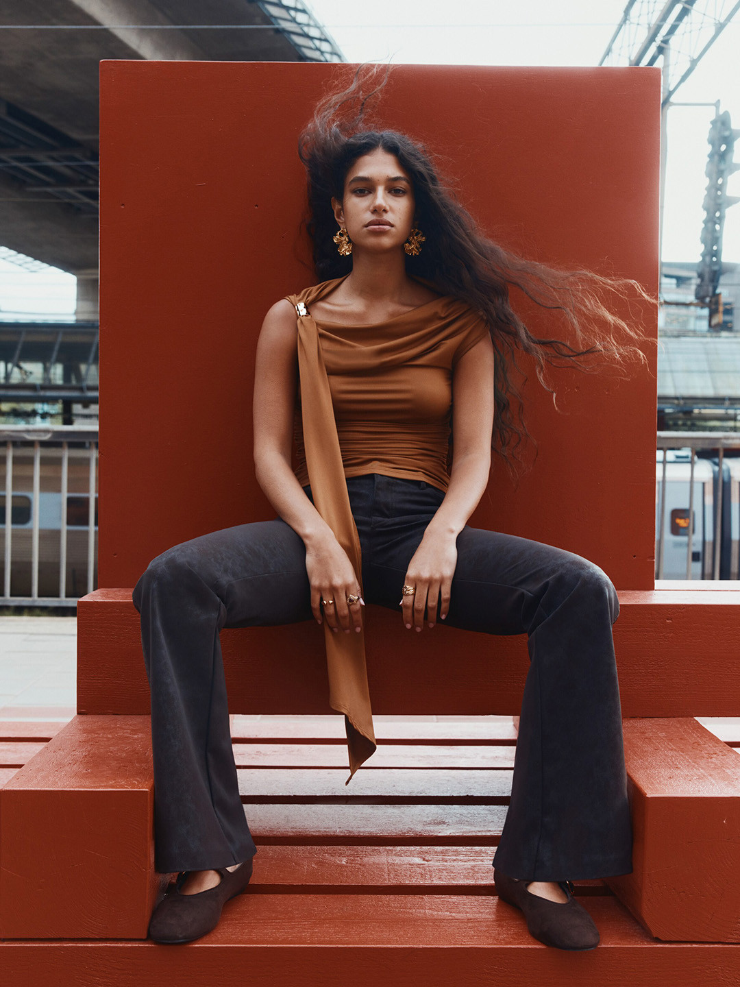 H&M Brown Draped Cold Shoulder Top