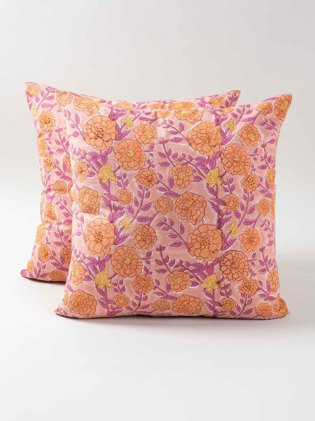 Eyaas Orange & Off-White Set of 2  Block Printed Rectangle Cushion Covers