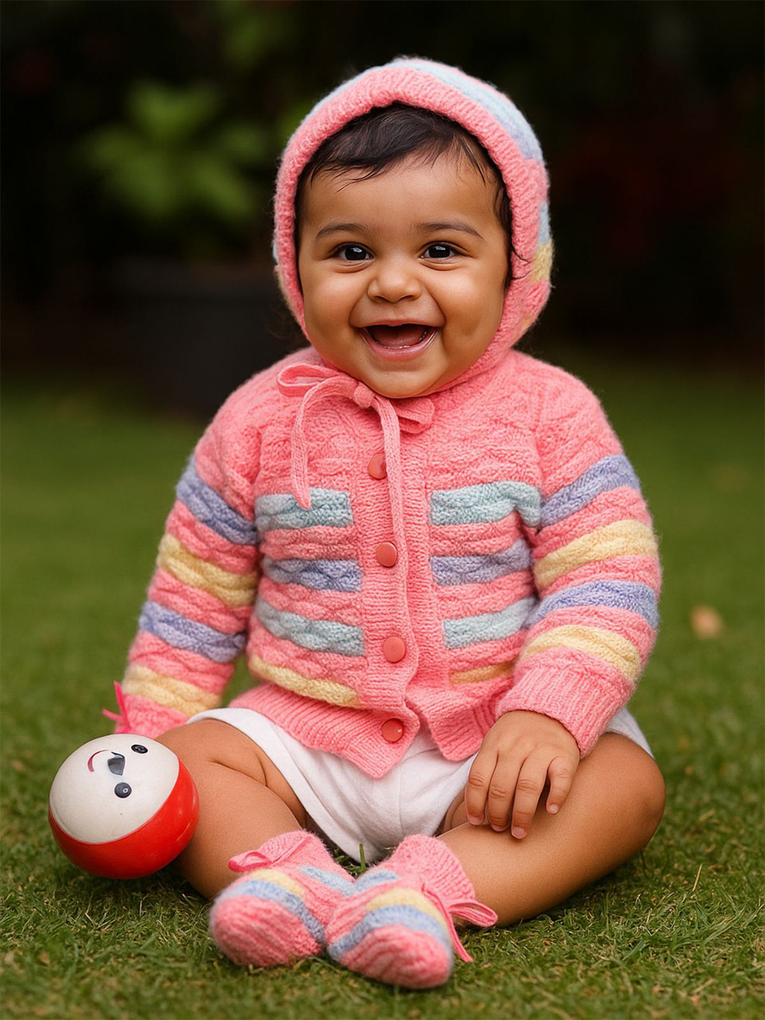 Little Angels Baby Girls Striped Woollen Cardigan Sweaters With Cap and Socks Set