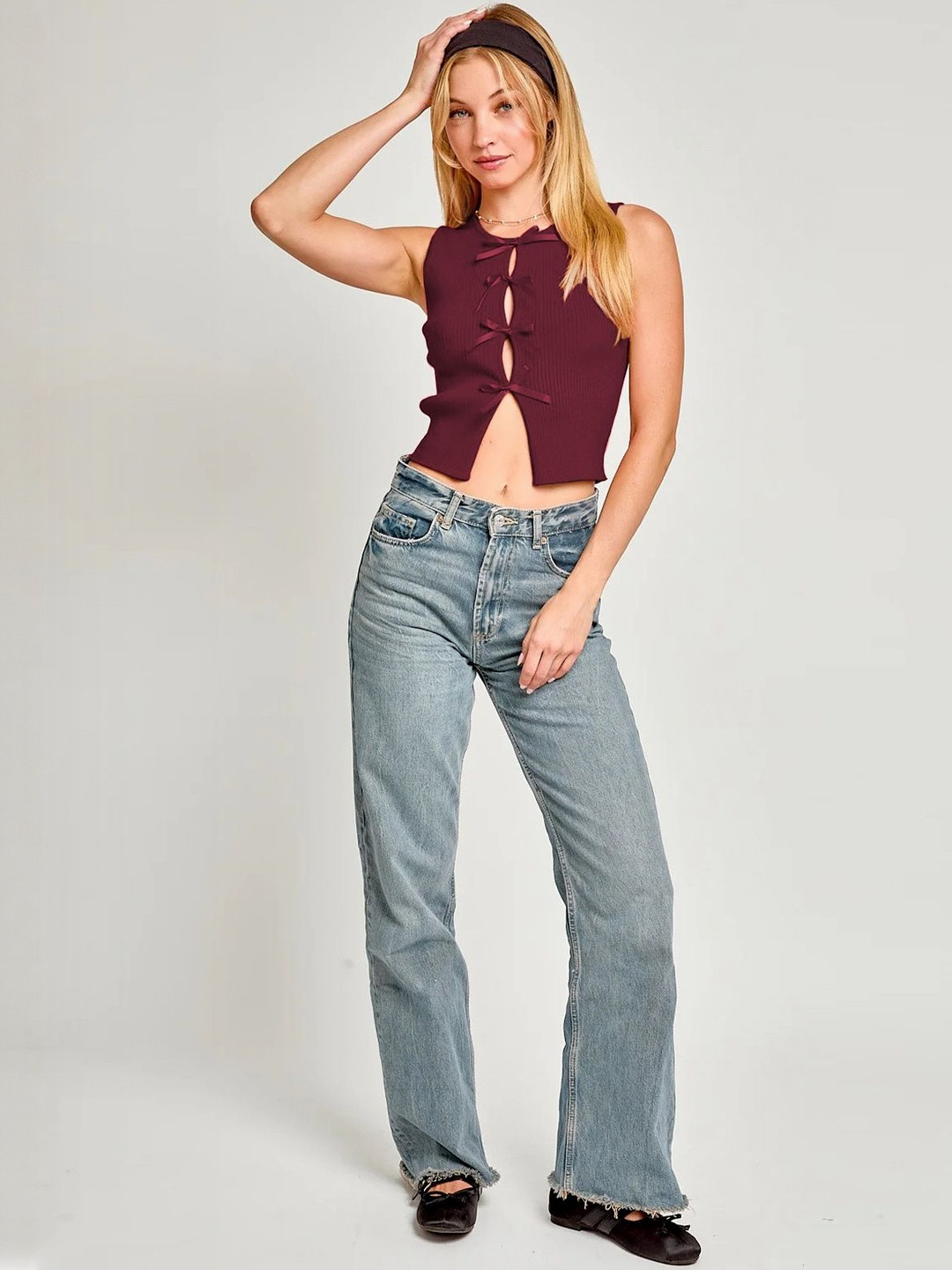 DressBerry Women Ribbed Sleeveless Front Tie-Ups Crop Top