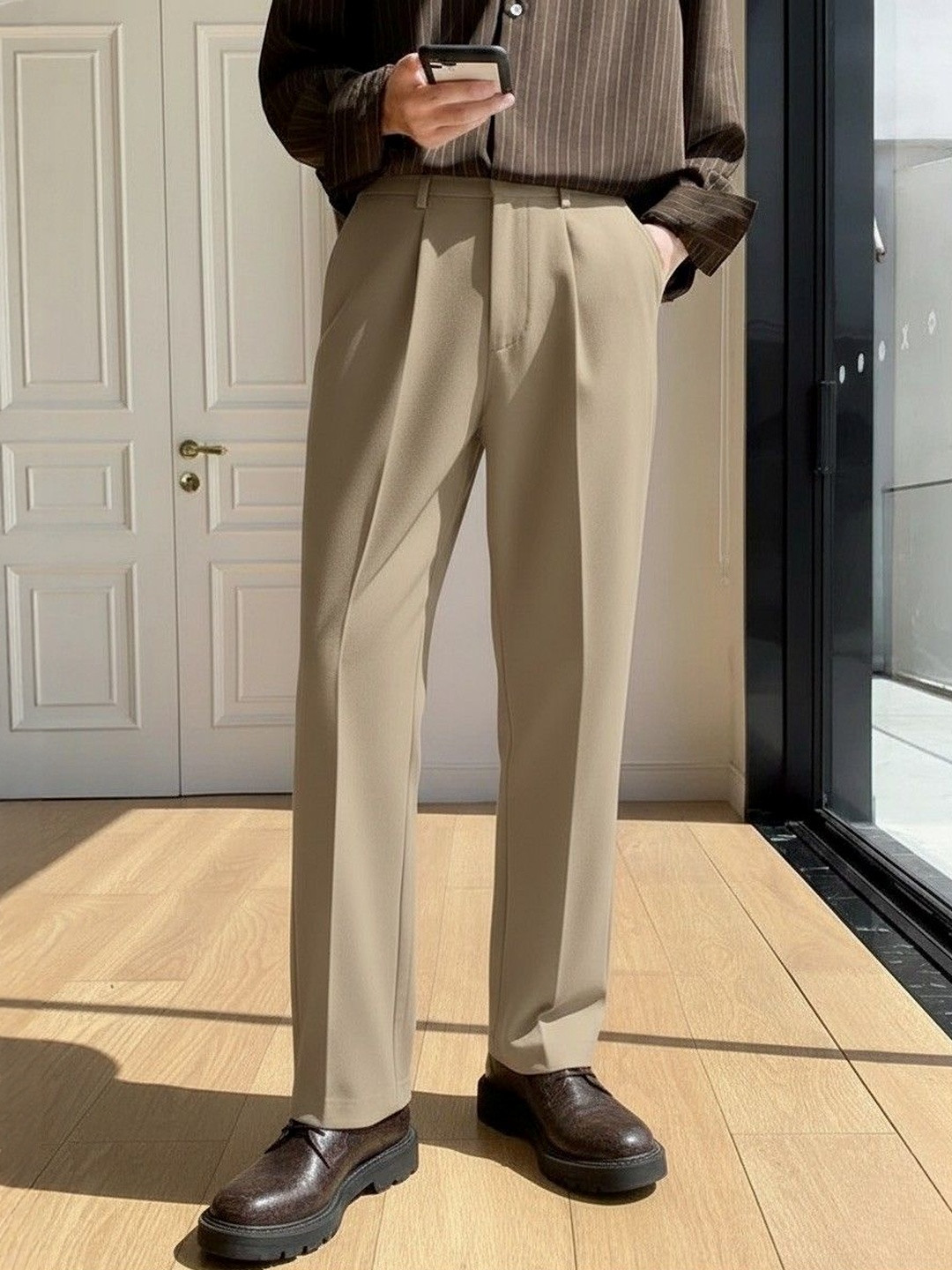 DELAN Men Relaxed Straight Leg Easy Wash Korean Pant