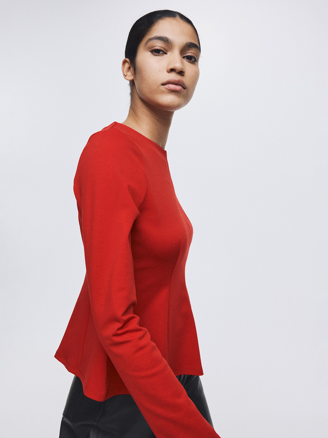 H&M Jersey Women Solid Gather & Pleated Round Neck Full Sleeve Peplum Top