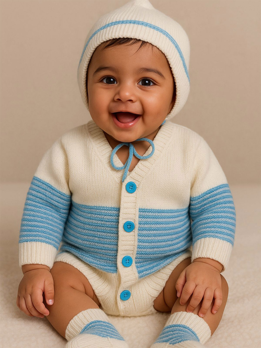 Little Angels Baby Boys Colourblocked Woollen Cardigan Sweaters With Cap and Socks Set