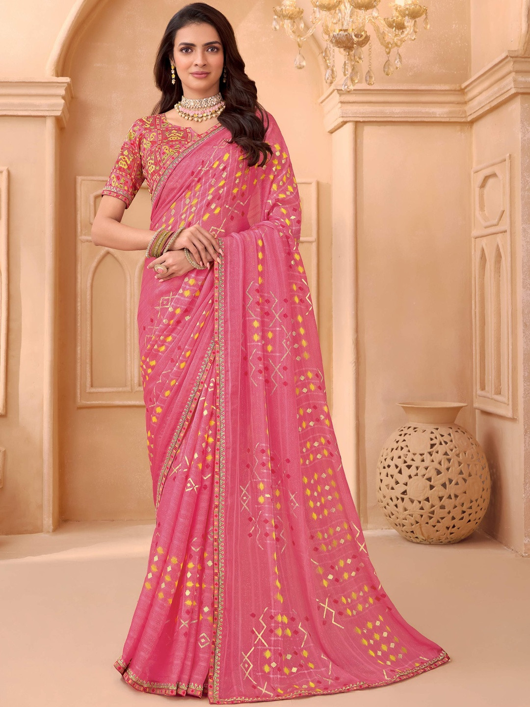 Laxmipati Tohfa Geometric Printed Embroidered Border Saree With Blouse Piece