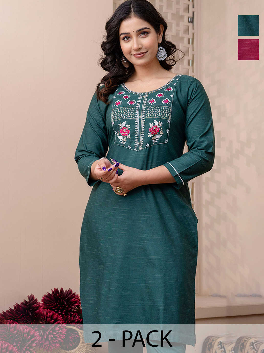 AUZAAI COLLECTION Selection Of 2 Yoke Design Thread Work Pure Cotton Straight Kurtas