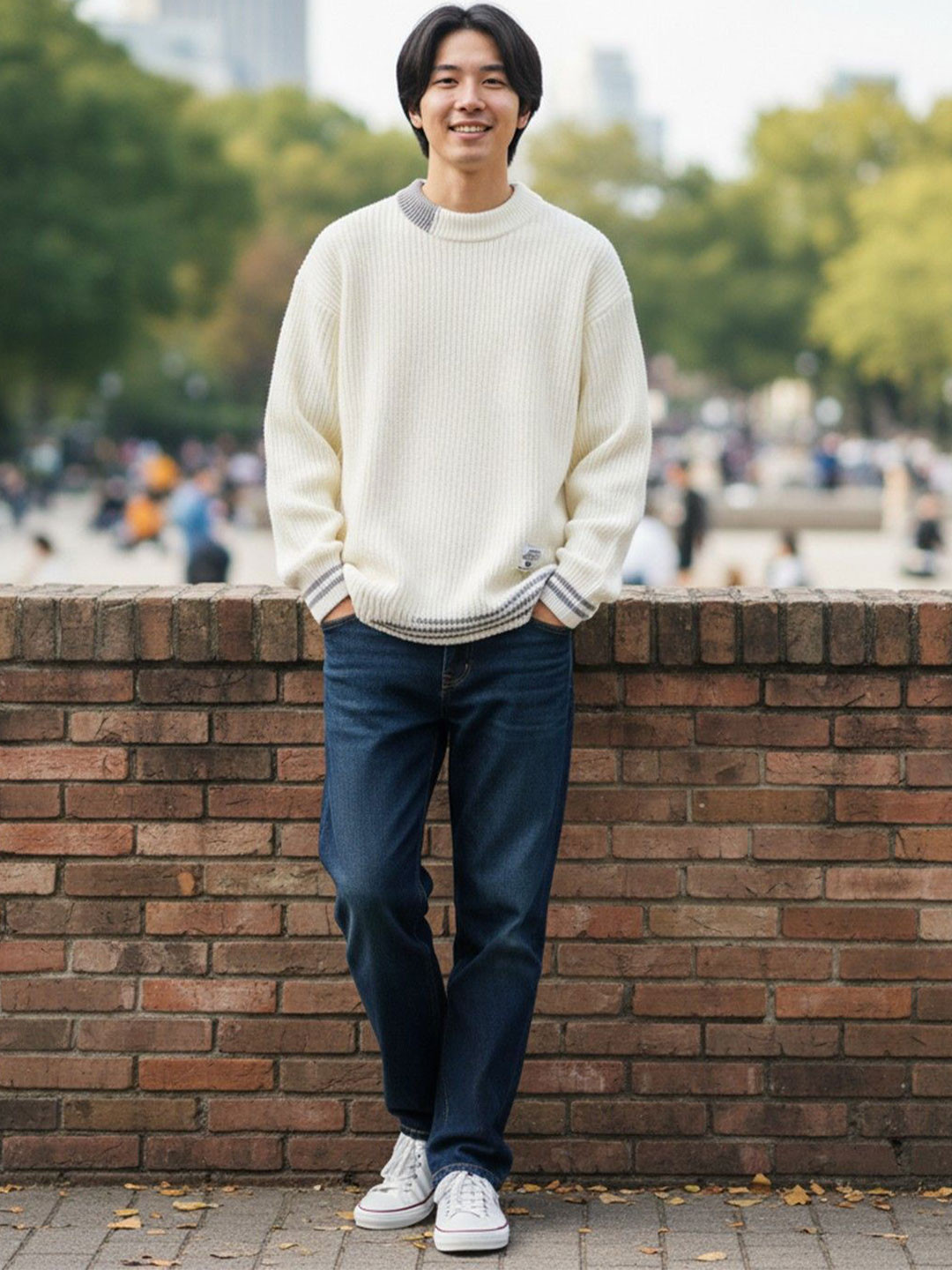 HERE&NOW Men Off White Long Sleeves Round Neck Pullover Sweaters