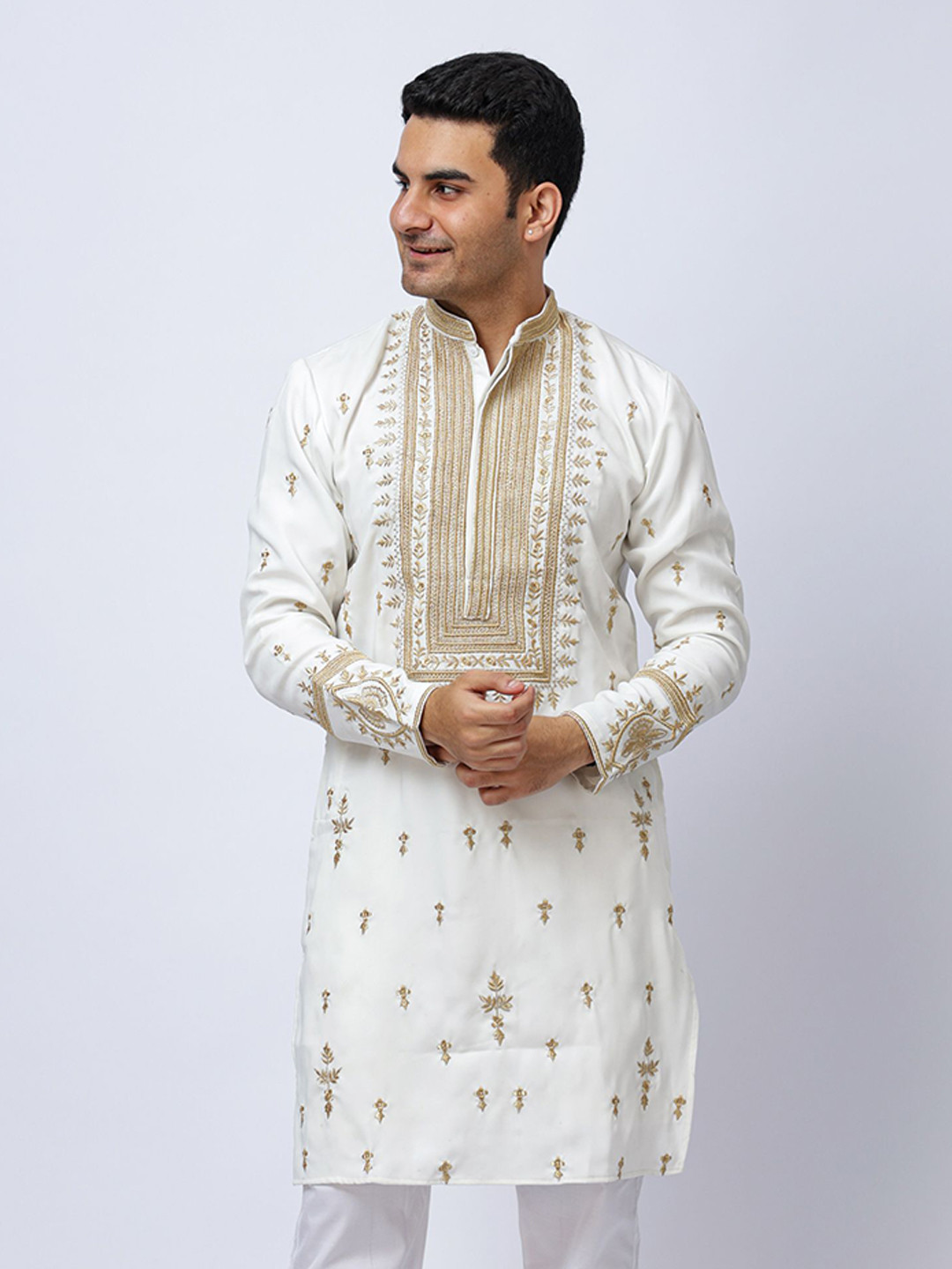Aesthelia Men Floral Embroidered Jacquard Kurta