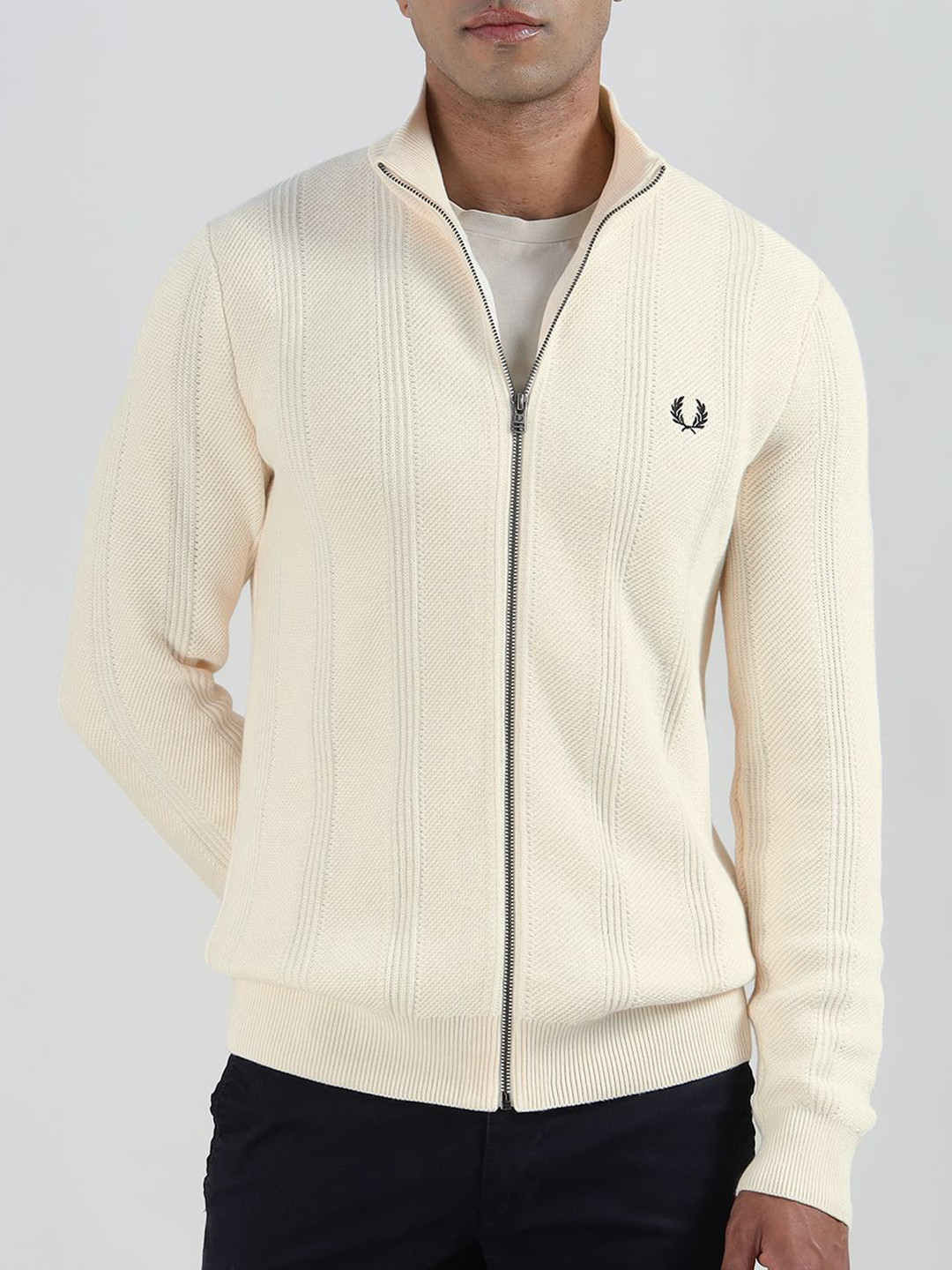 Fred Perry Men Self Design Mock Collar Cardigan Sweater
