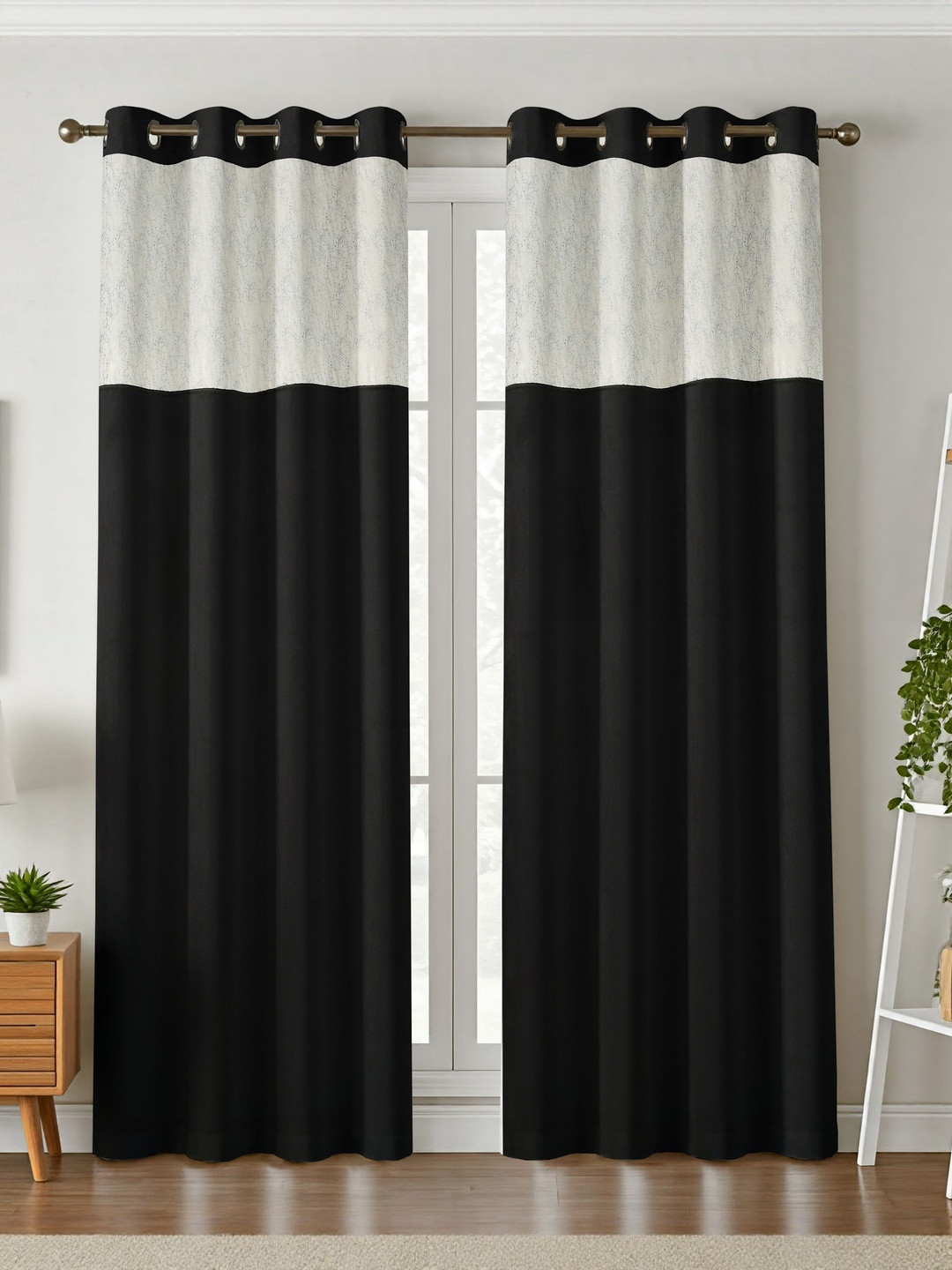 Aura Black & White Velvet Thermal Insulated 2 Pieces Black Out Eyelet Long Door Curtains