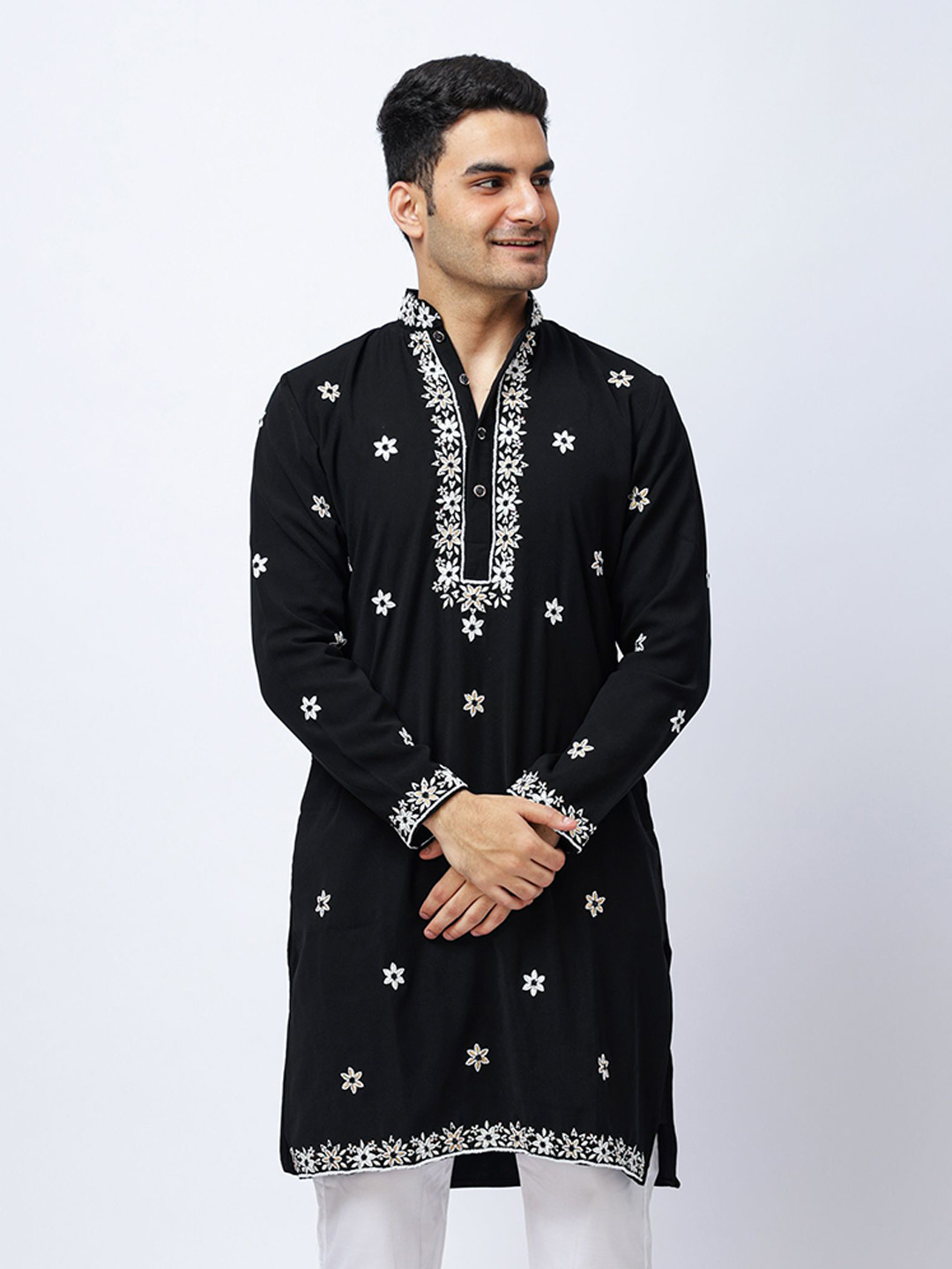 Aesthelia Men Paisley Embroidered Mandarin Collar Straight Jacquard Cotton Kurta