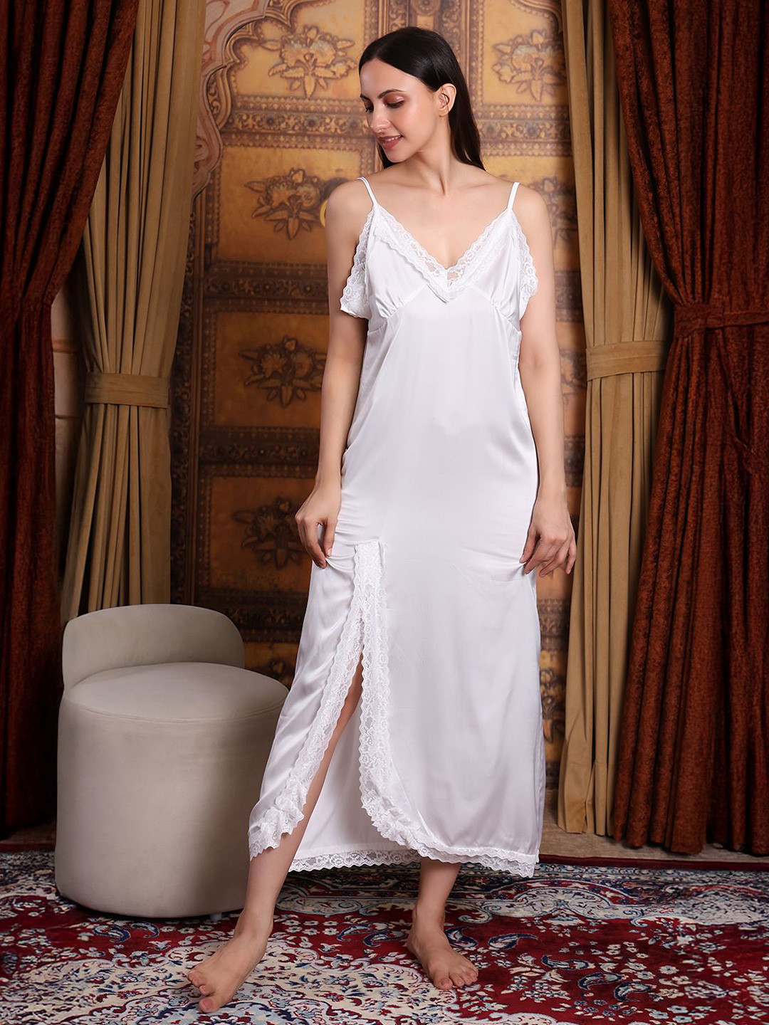 HOUSE OF ELORRA Women Solid Shoulder Straps Maxi Sweat Nightdress