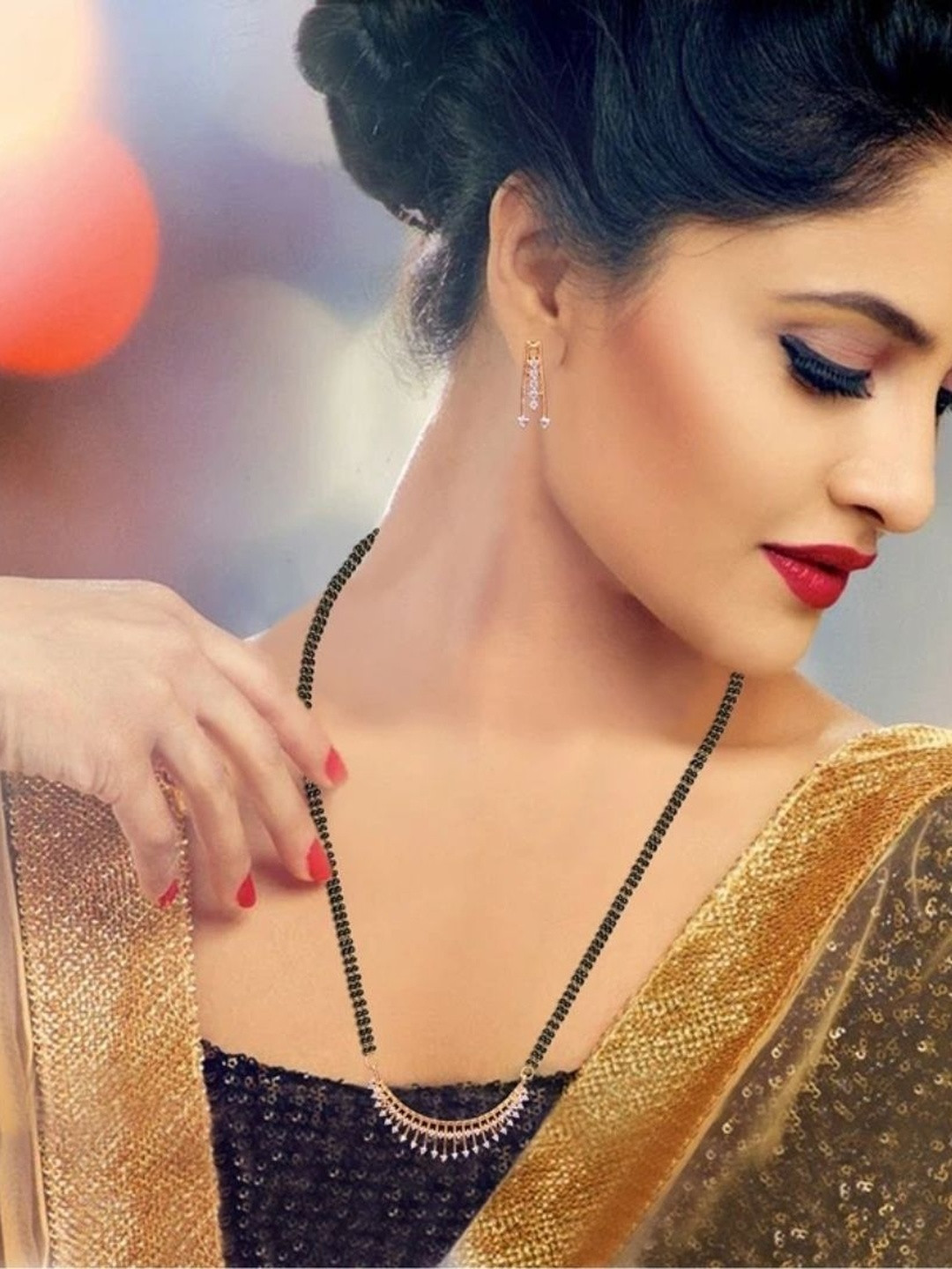 Angel Creation Stones Studded & Beaded Mangalsutra With Earrings