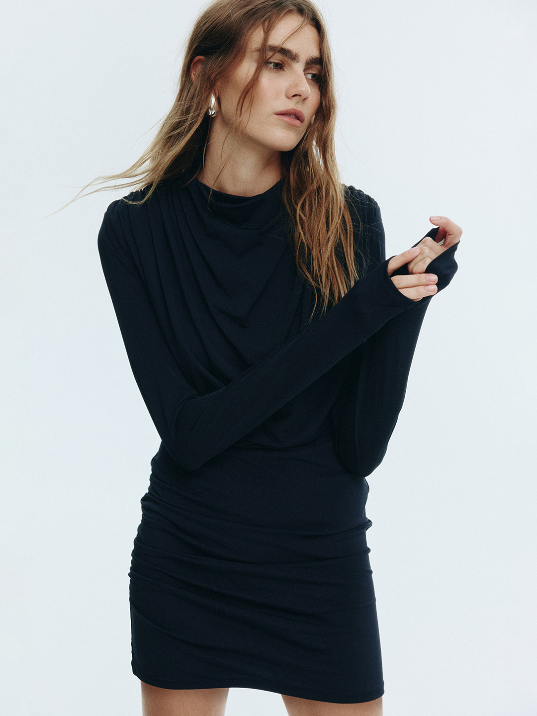 H&M Women Ruched Draped Shoulder-Pad Shift Dress