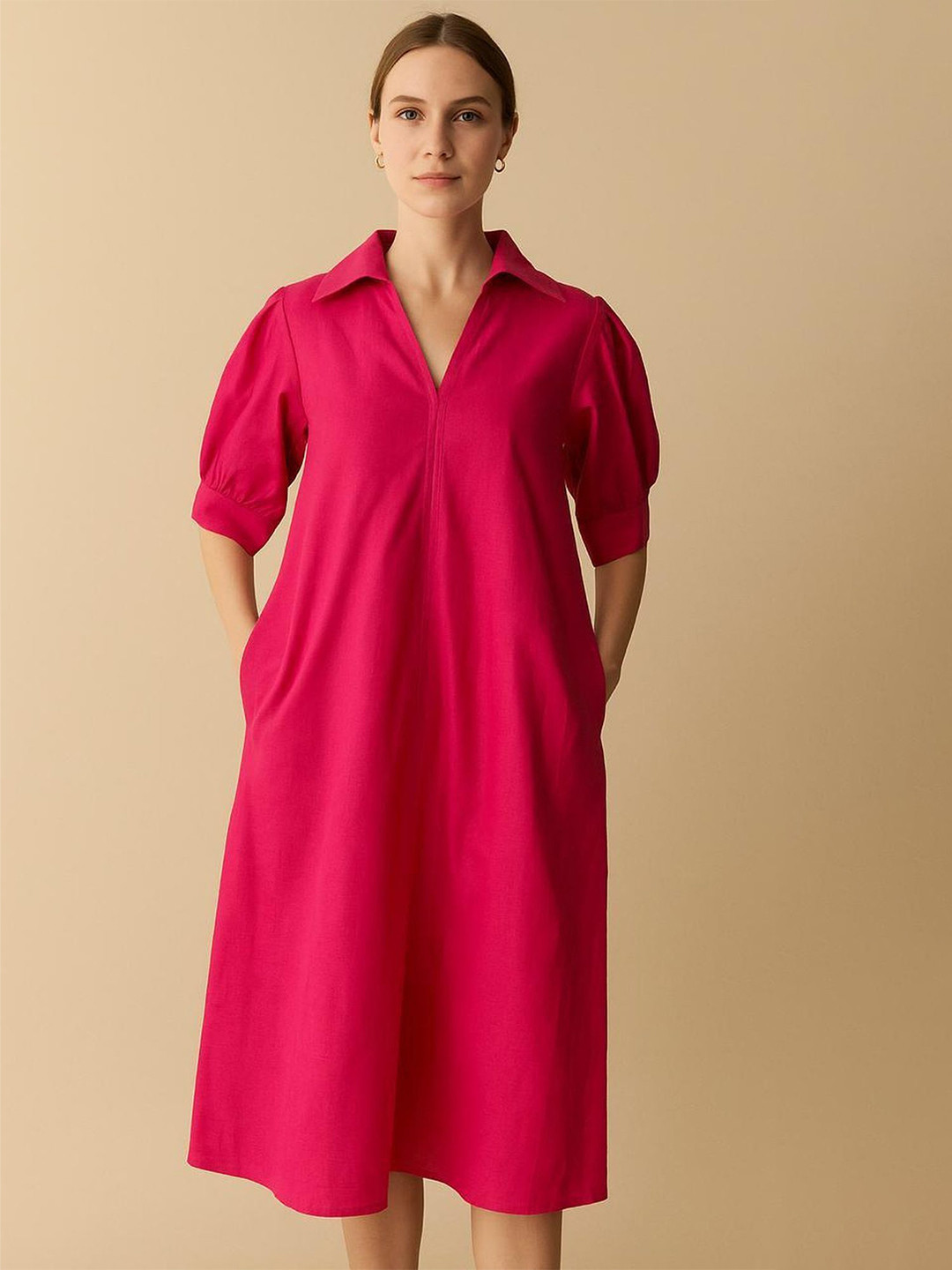 Veeralda Women Solid Shirt Collar Puff Sleeve Shirt Dress