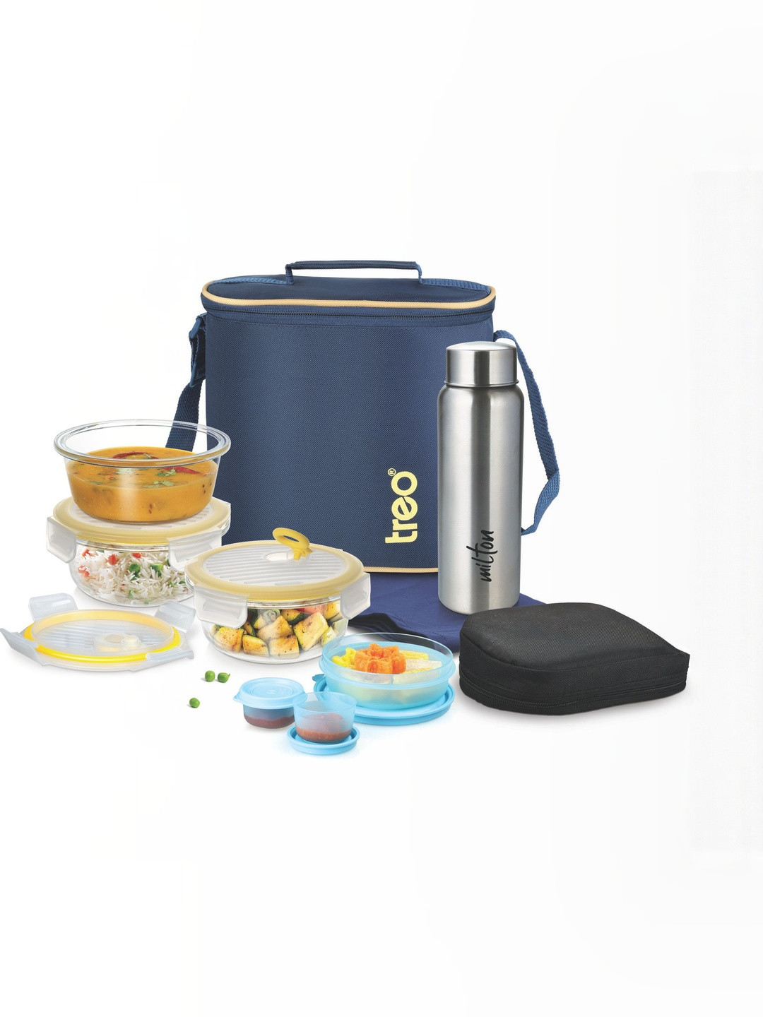 Treo 8 Pieces Blue All Fresh Borosilicate Glass Round Carry Jacket Lunch Box - 400 ml