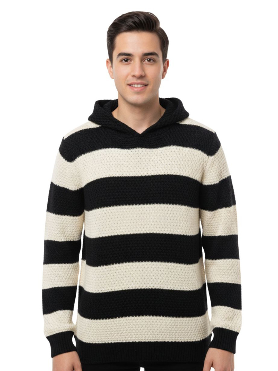 Looks United Men Self Design Striped Hooded Woollen Pullover Sweater