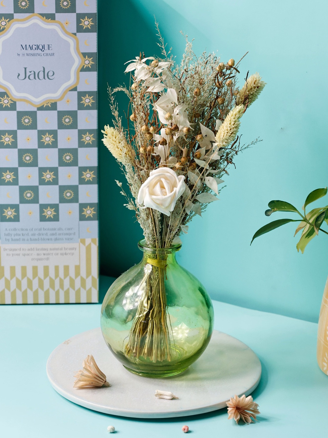 The Wishing Chair Green Jade Dried Flowers & Glass Vase Artificial Flowers