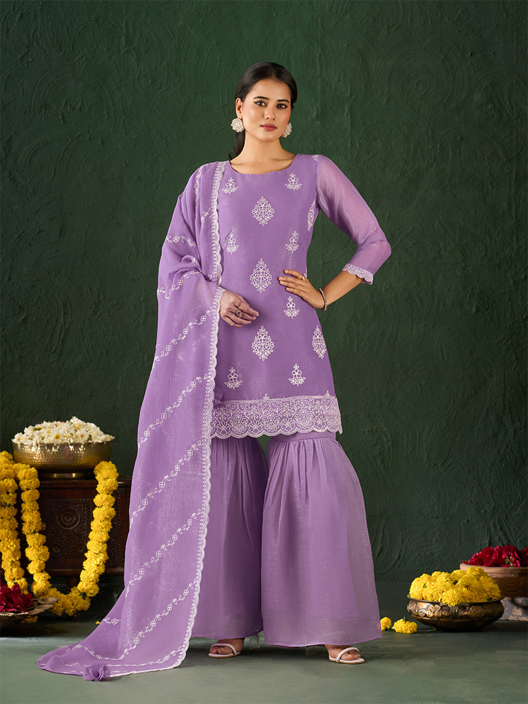 Saanjh Women Ethnic Motifs Embroidered Kurta with Sharara & Dupatta