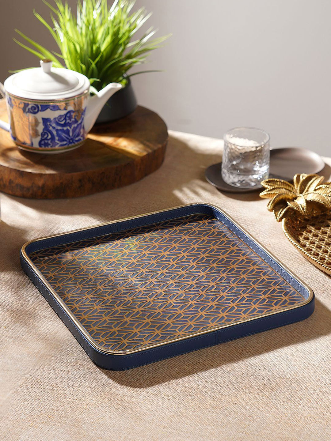 Pure Home and Living Blue Printed Rectangle  MDF Serving Tray