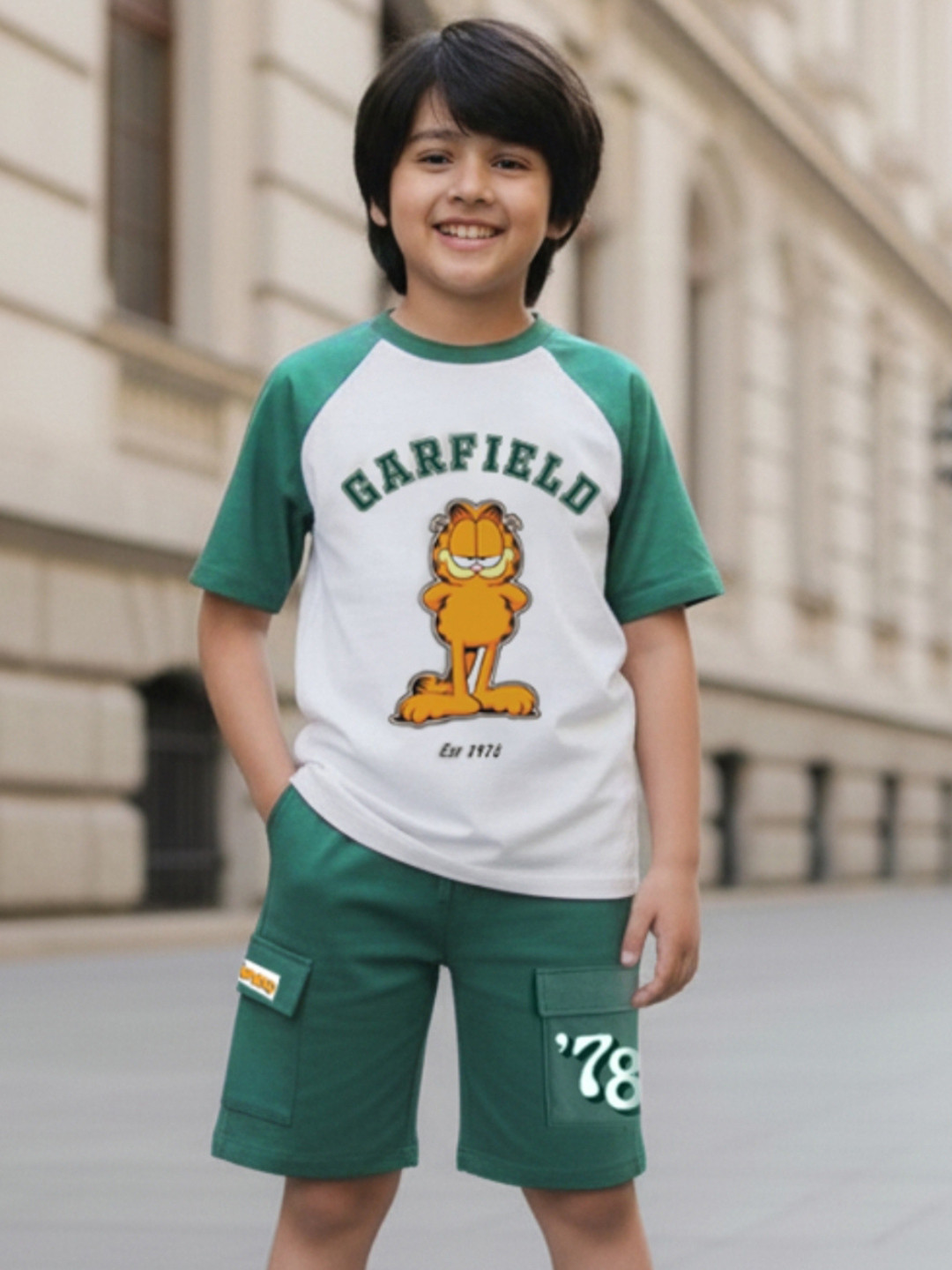 Nap Chief Kids Unisex Garfield Printed Raglan Varsity Pure Cotton T-shirt with Shorts