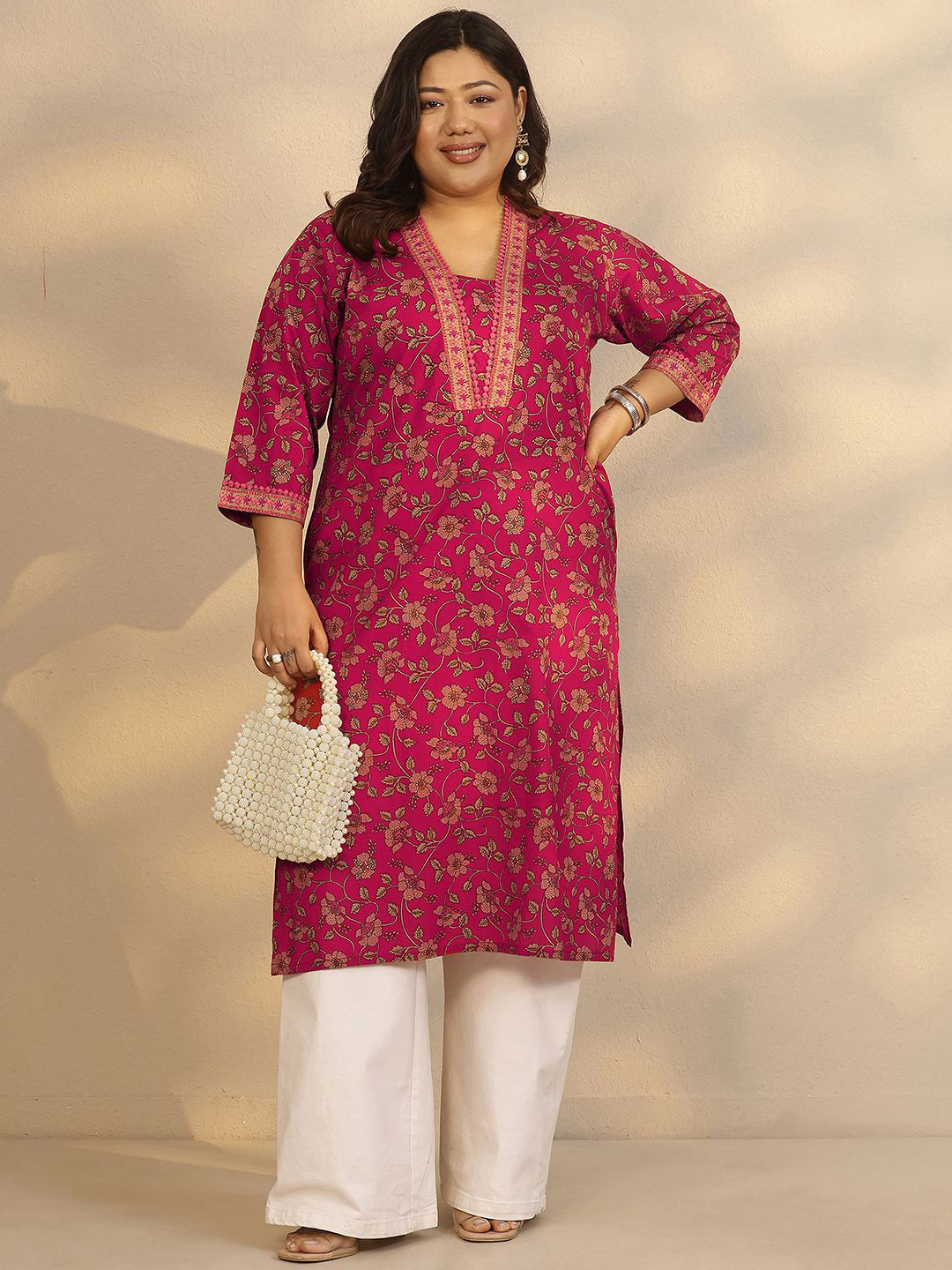 EXTRA LOVE BY LIBAS Floral Printed Square Neck Plus Size Straight Kurta