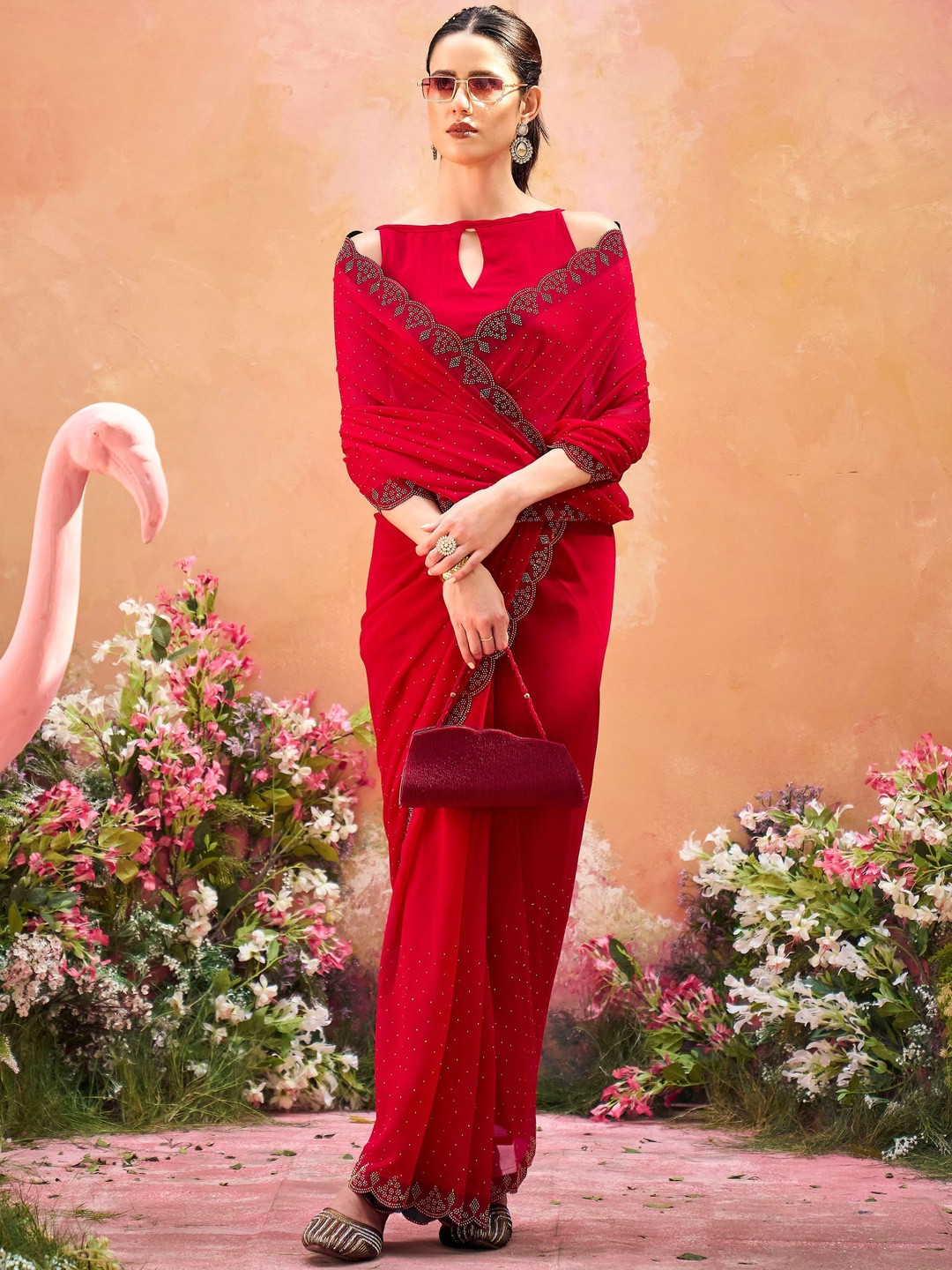 HERE&NOW Embellished Beads and Stones Poly Georgette Heavy Work Fashion Saree