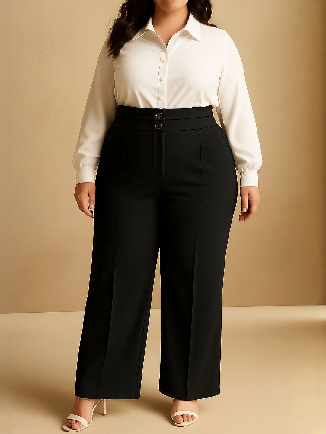 SAKHWALA Women Relaxed Straight Leg Double Waistband Wrinkle Free Regular Trousers