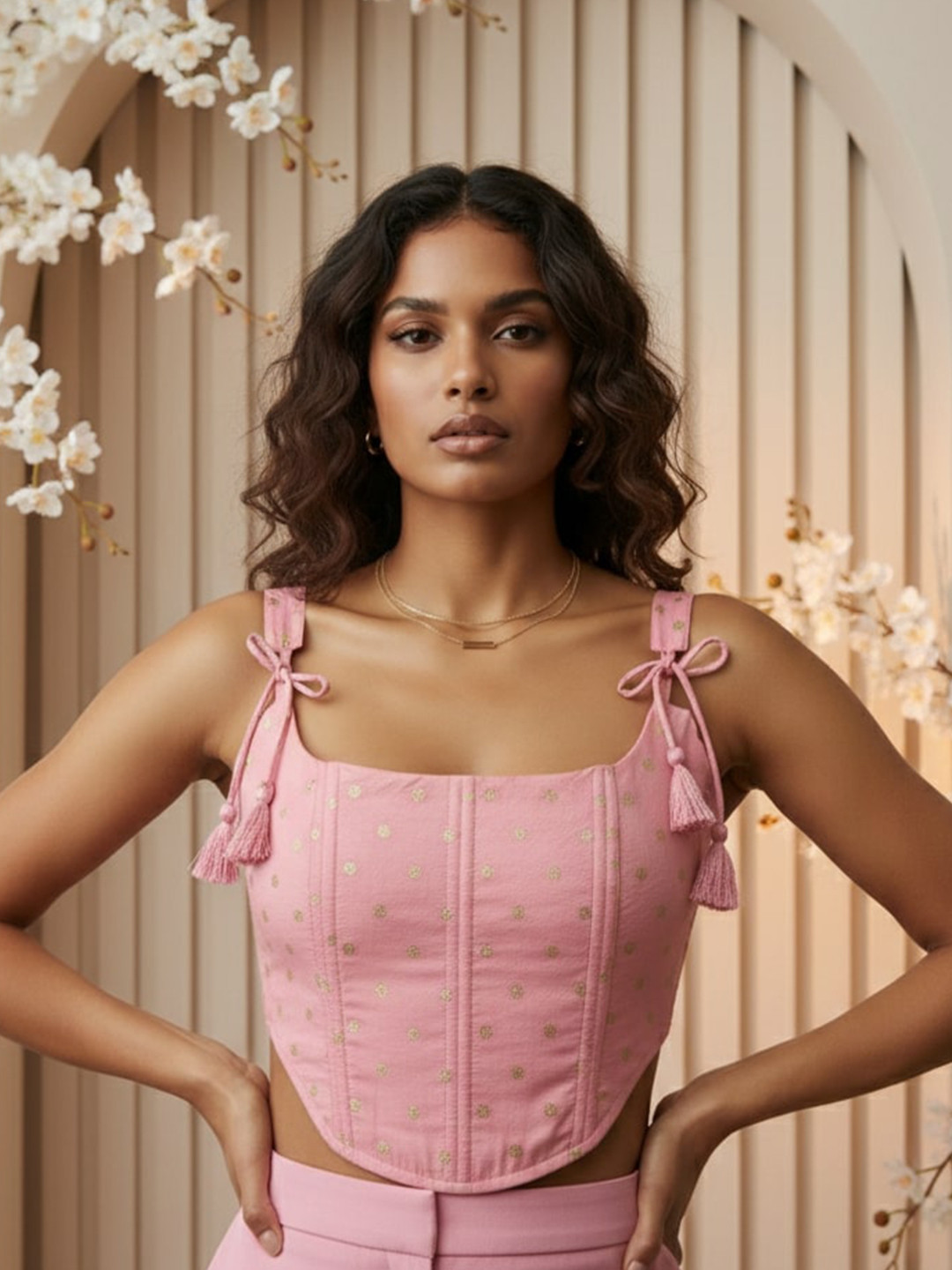 Kasya Women Polka Dots Printed Tie-Ups Shoulder Straps Corset Crop Top