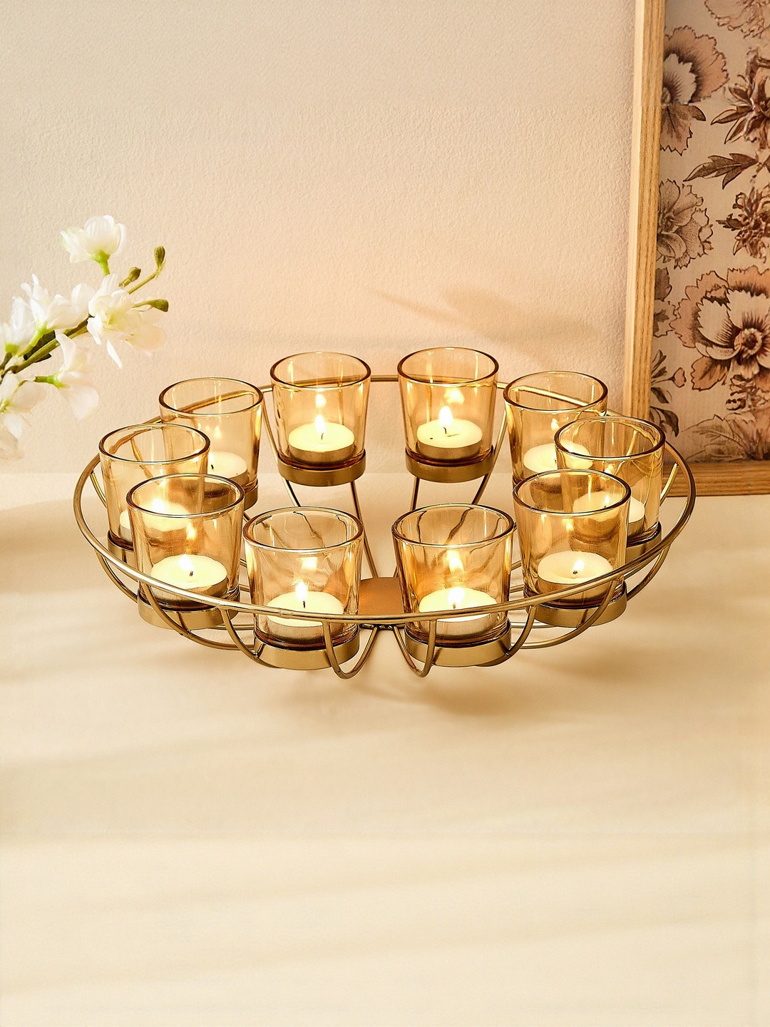 Home Centre Salsa Rylee Lotus Set of 10 Candle Holder Votive with Metal T-Light Holder