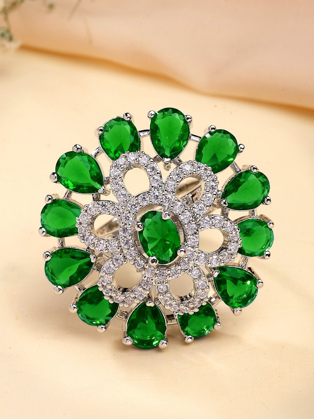 KARATCART Silver-Plated American Diamond-Studded Round Floral Cocktail Finger Ring