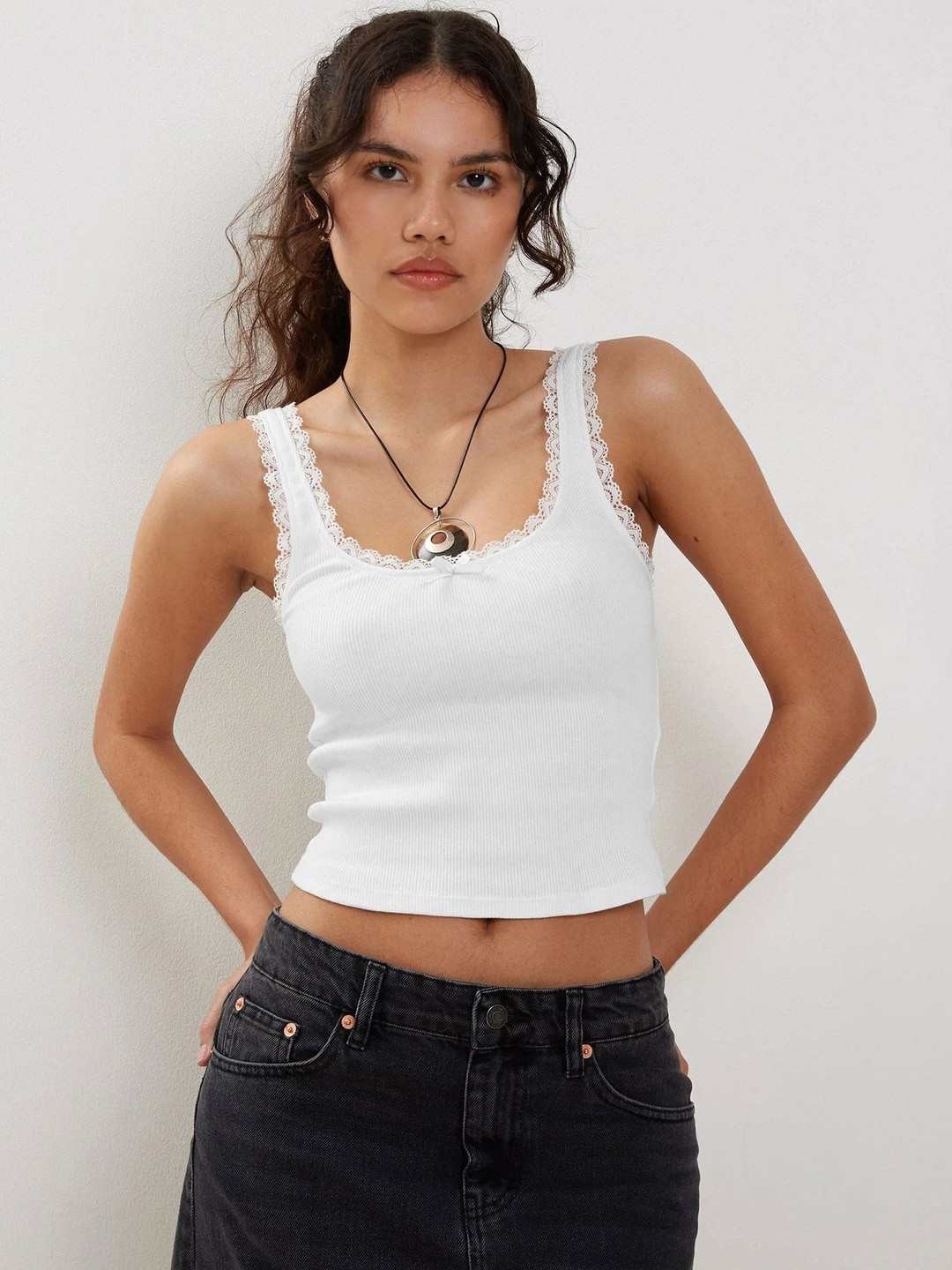 HERE&NOW Women Ribbed Square Neck Lace & Bow Details Tank Crop Top