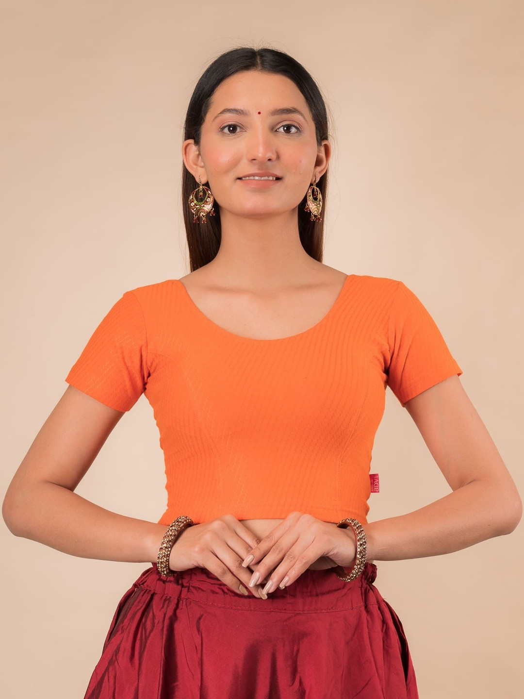 Bindigasm's Advi Texture Self-Designed Round Neck Cotton Stretchable Slip On Saree Blouse