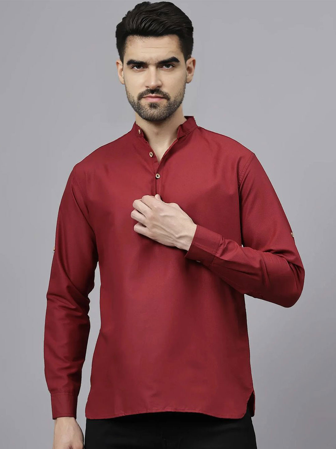 Navkanj Chikankari Mandarin Collar Roll-Up Sleeves Cotton A-Line Kurtas