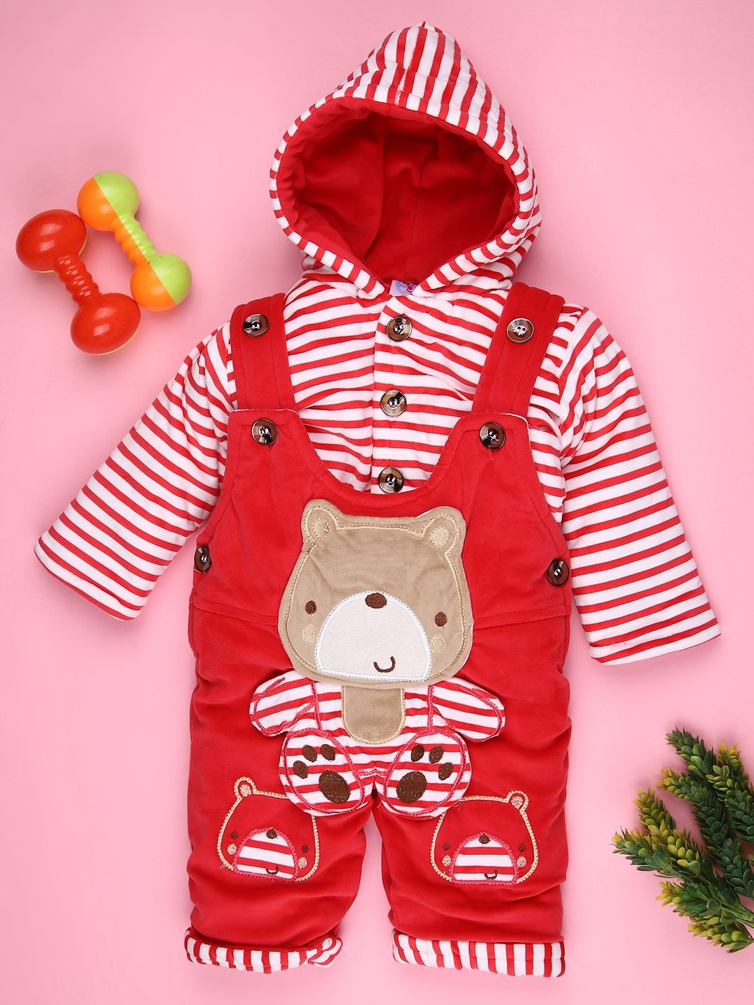 V-Mart Kids Velvet Dungaree With Striped Hooded T-Shirt