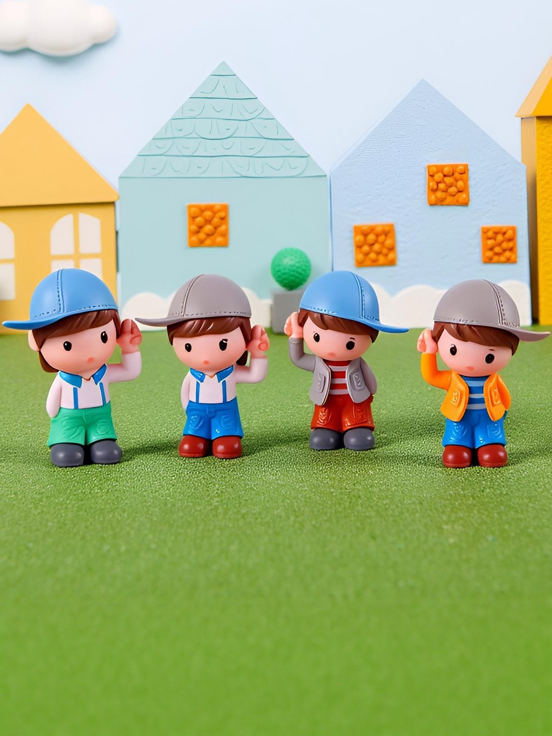 Spiaty Blue & Brown 4 Pieces Cartoon Oh Yeah Couple Figurine Showpieces-2.5 cm