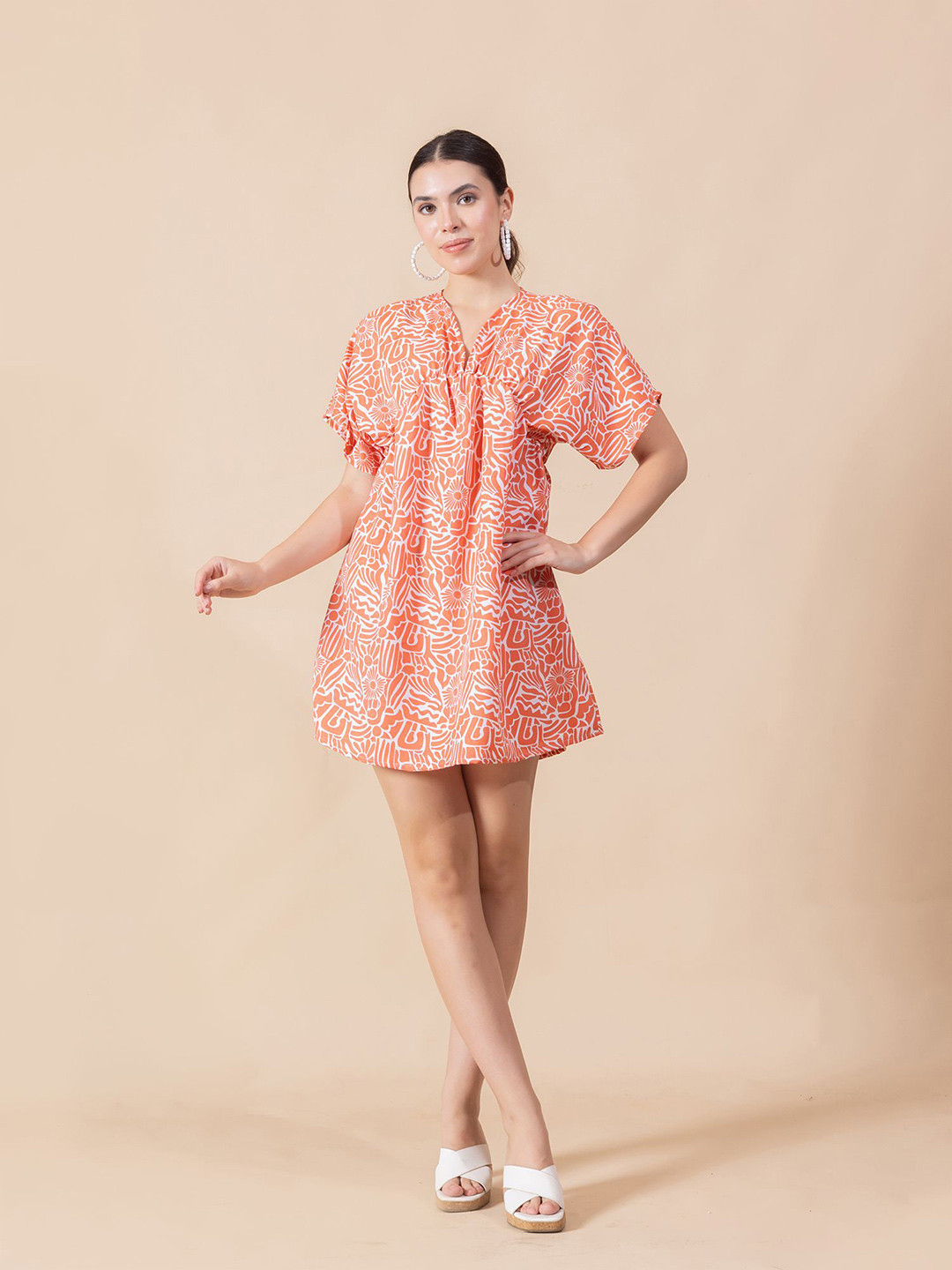 MASAMI Print Batwing Sleeve Kaftan Mini Dress