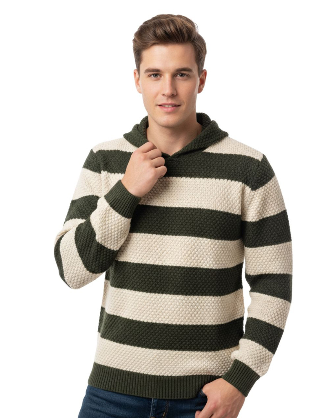 Looks United Men Striped Hood Woollen Pullover Sweater