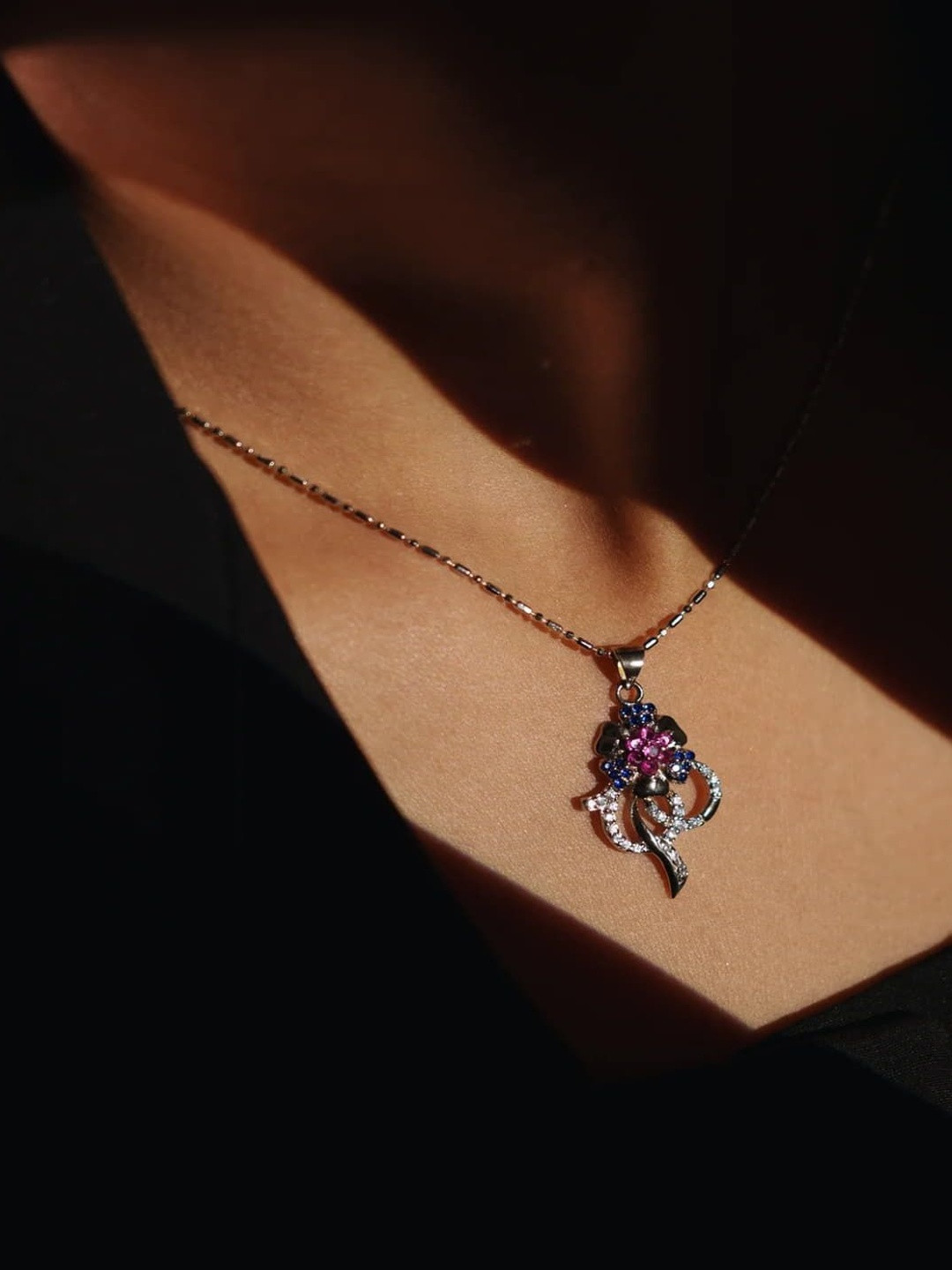 Baisara Jewellery Women 925 Pure Silver-Plated Stones Studded Floral Pendant With Chain