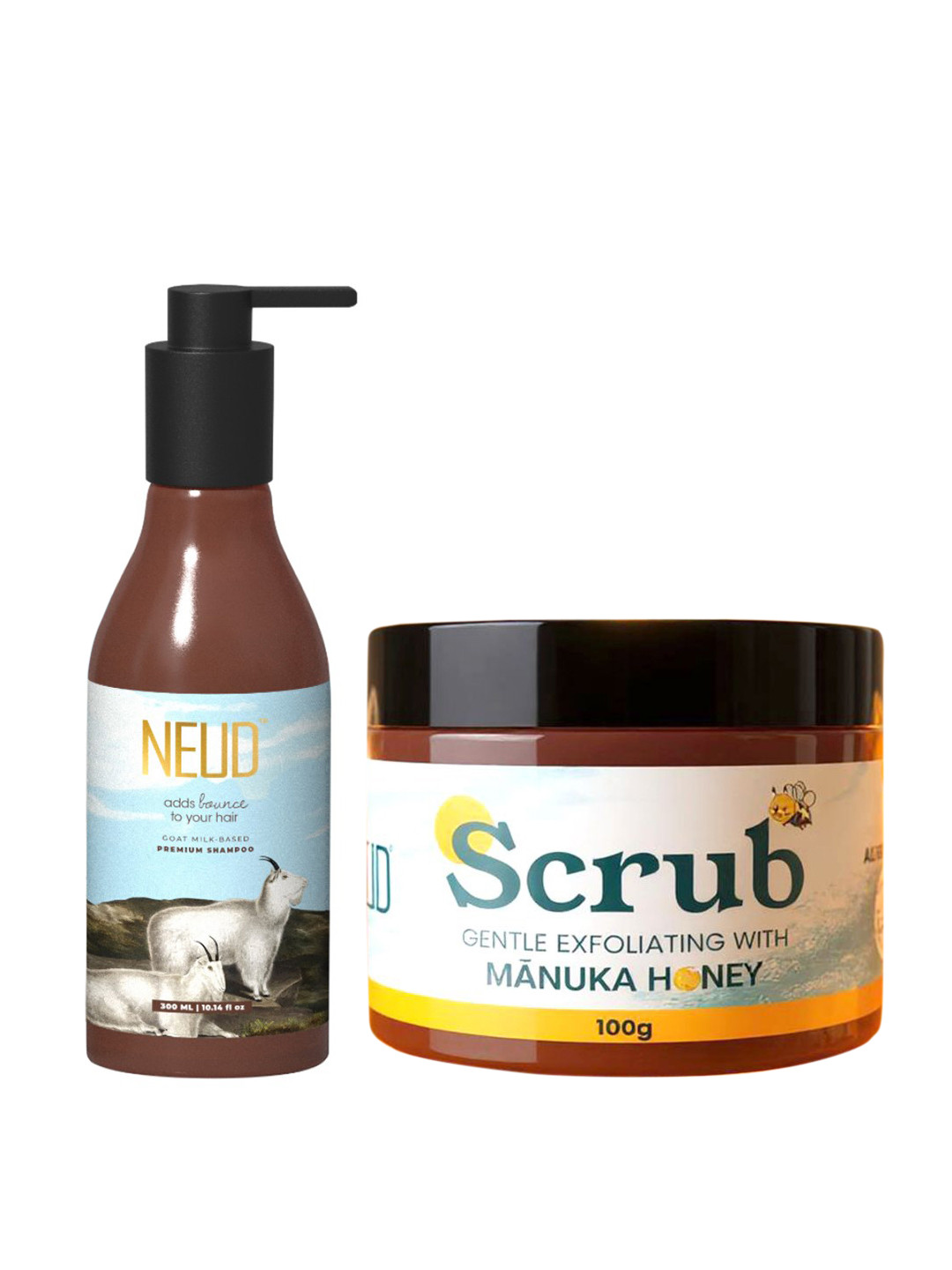 NEUD Set of White Goat Milk Premium Shampoo - 300ml & Gentle Exfoliating Scrub - 100g