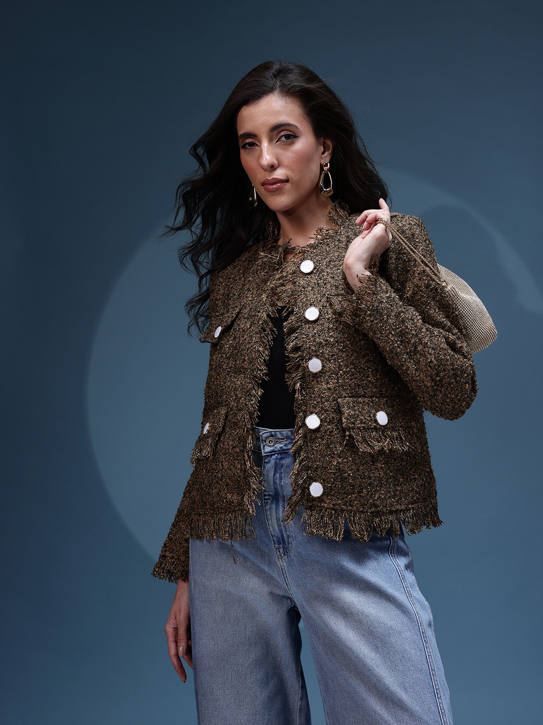 bebe Collarless Self Design Tailored Jacket