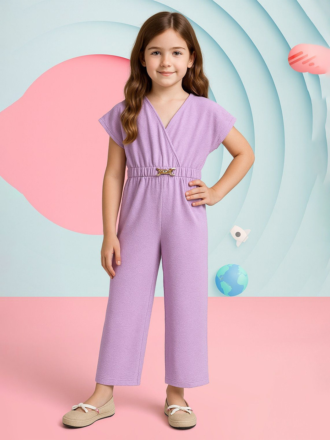 YK Girls Basic V-Neck  Belted Wide-Leg Jumpsuit